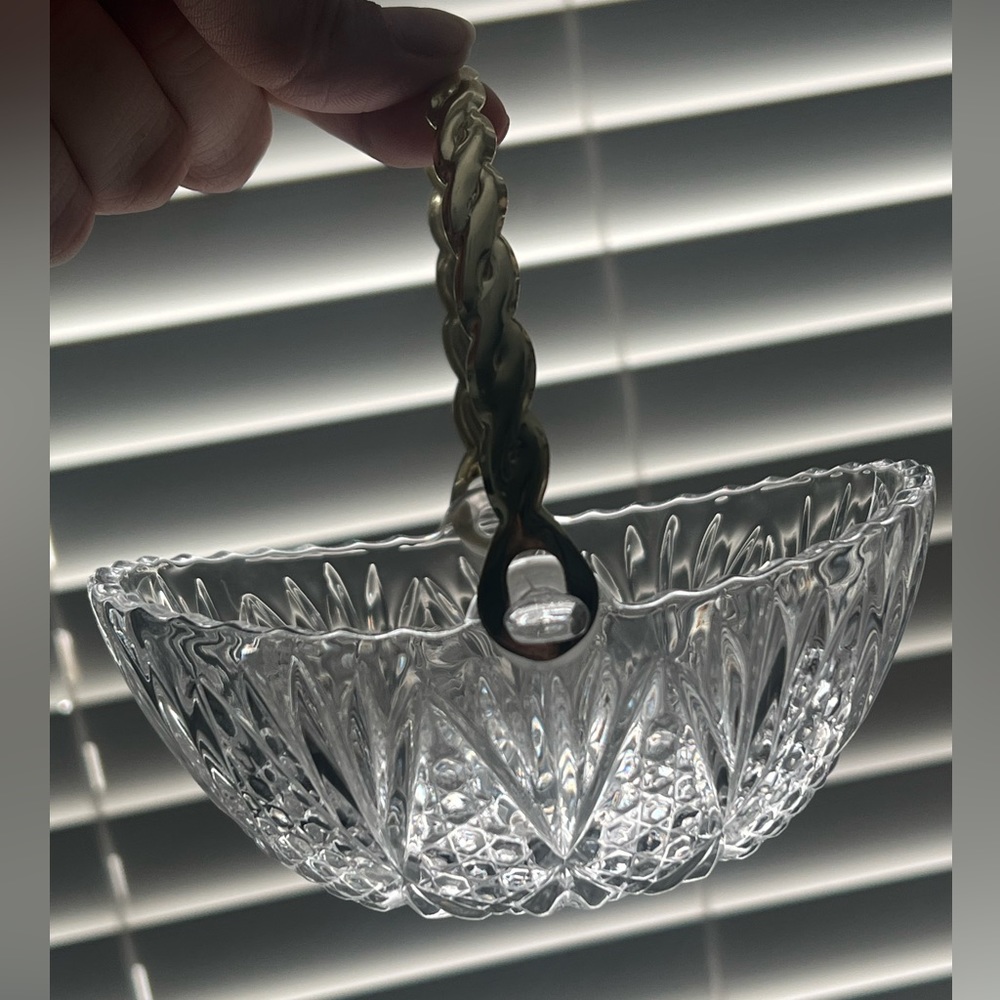 Mikasa Crystal Dish Diamond & Button Glass Gold Handle Basket 5"